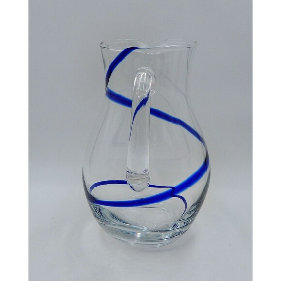 Pier 1 One Swirline Pitcher Clear Glass With Cobalt Blue Swirl 10 Inch Tall - Picture 4 of 9